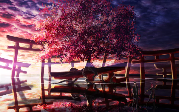 A serene anime wallpaper featuring a vibrant sakura tree near a temple, set against a dramatic sky with clouds, reflecting on tranquil waters.