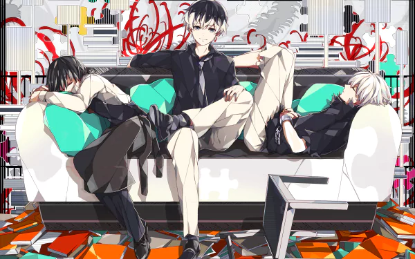 HD desktop wallpaper of Haise Sasaki and Ken Kaneki from Tokyo Ghoul:re, featuring the characters lounging on a sofa in a vibrant, detailed background.