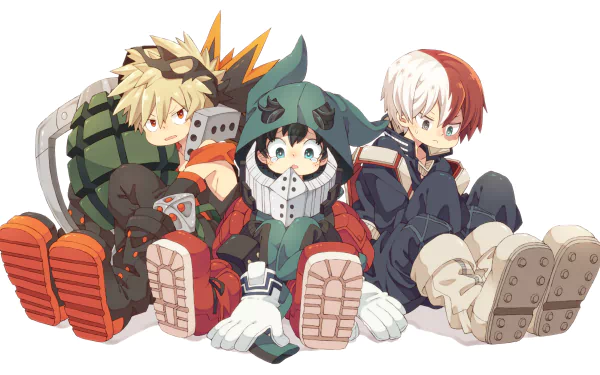 HD desktop wallpaper featuring three characters from the anime My Hero Academia sitting together in their hero costumes.