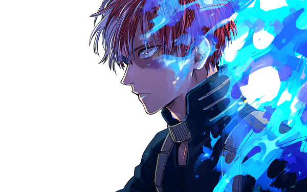 HD wallpaper featuring Shoto Todoroki from My Hero Academia, with his distinct two-toned red and white hair, blue eyes, and flames on his left side.