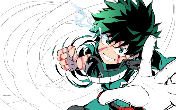 HD wallpaper featuring Izuku Midoriya from My Hero Academia, showcasing him in an action pose with vibrant colors and dynamic lines.