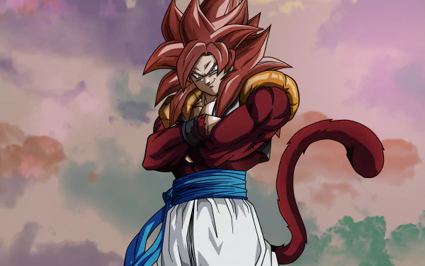 HD desktop wallpaper featuring Gogeta from Dragon Ball GT standing with arms crossed against a colorful, cloudy sky background.