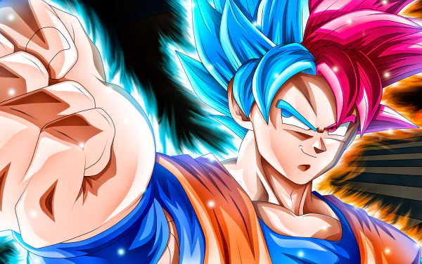 HD desktop wallpaper featuring Goku from Dragon Ball Super in a dynamic pose with blue and pink hair, showcasing his fierce determination.