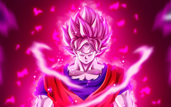 4K Ultra HD PC desktop wallpaper featuring Goku from Dragon Ball Super, glowing with intense pink energy in a dynamic anime style.