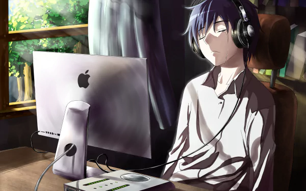 An anime character with dark hair sits at a desk, wearing headphones, looking sad. An Apple Inc. computer is positioned in front of them. Sunlight filters through a window, highlighting the scene. HD desktop wallpaper.