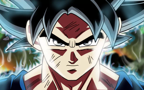 HD desktop wallpaper of Goku from Dragon Ball Super, featuring his intense expression with a fiery aura background.