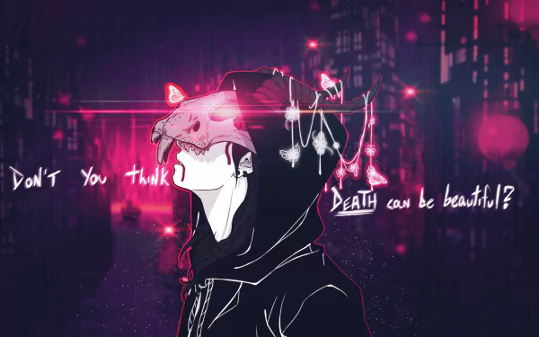 A sad anime character in a dark city background wears a skull mask, surrounded by glowing hearts and the text, Don't you think death can be beautiful? for a striking HD wallpaper.