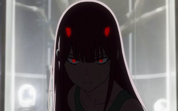 Zero Two from Darling in the FranXX, an anime, is featured in an HD desktop wallpaper. The image shows her with glowing red eyes and a dark background.