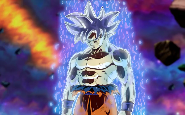 Ultra Instinct Goku from Dragon Ball Super stands powerfully with a glowing aura against a dramatic, colorful background. This HD desktop wallpaper captures the intensity of the anime series.