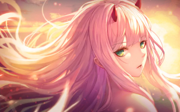 HD desktop wallpaper featuring Zero Two from Darling in the FranXX, showcasing her with flowing pink hair and red horns against a vibrant, warm background.
