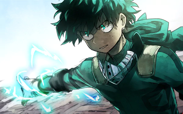 HD desktop wallpaper featuring Izuku Midoriya from My Hero Academia, showcasing his green eyes and hair and using his power in a dynamic action pose.