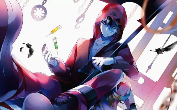 HD wallpaper featuring Zack from Angels of Death (Satsuriku no Tenshi). He has yellow eyes, wears a red hood, and holds a syringe. The background includes various objects and a dark, intense atmosphere.