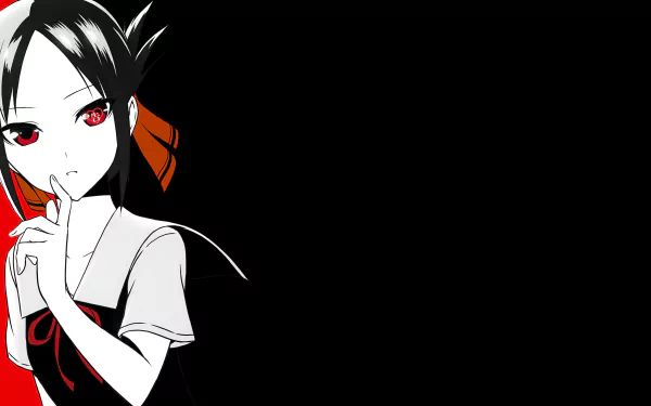 HD desktop wallpaper featuring Kaguya Shinomiya from Kaguya-sama: Love is War in a stylized black and white design with red accents.