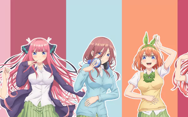 HD desktop wallpaper and background featuring Itsuki Nakano, Yotsuba Nakano, Miku Nakano, Nino Nakano, and Ichika Nakano from the anime 5-Toubun no Hanayome (The Quintessential Quintuplets).