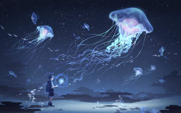 A HD anime desktop wallpaper featuring a person standing on a beach at night, observing glowing jellyfish floating in the sky against a starry background.