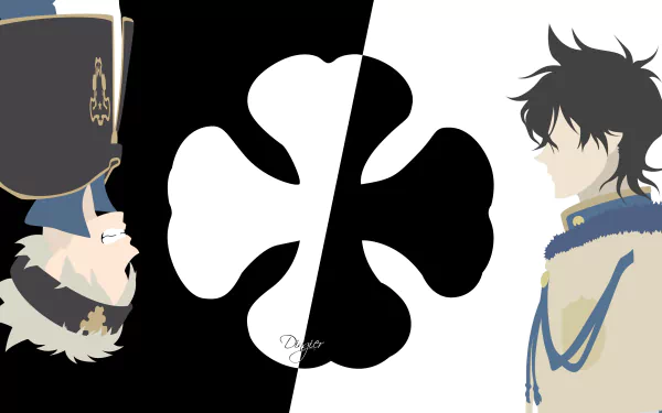 HD desktop wallpaper featuring Yuno and Asta from Black Clover, split by a stylized clover emblem.