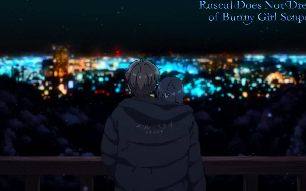 Sakuta Azusagawa and Mai Sakurajima from Rascal Does Not Dream of Bunny Girl Senpai share a quiet moment overlooking a cityscape at night. HD anime wallpaper and background.