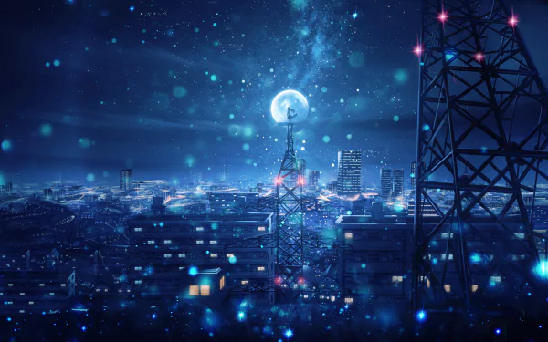Anime-style cityscape at night with Tokyo Tower, surrounded by skyscrapers under a snowy sky, illuminated by the full moon. HD desktop wallpaper and background image.