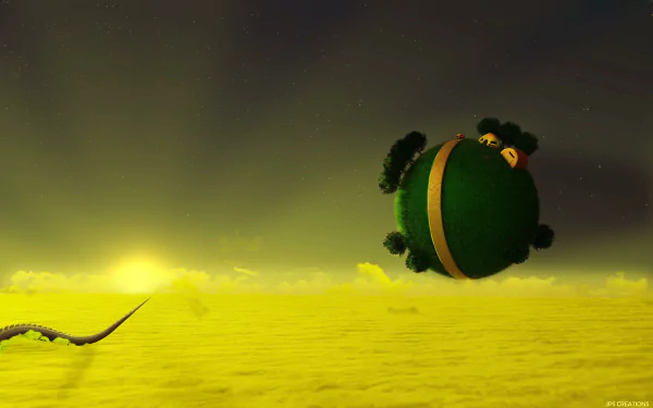 An 8K Ultra HD Dragon Ball Z anime wallpaper featuring a green capsule floating above a yellow desert landscape under a dim sky.