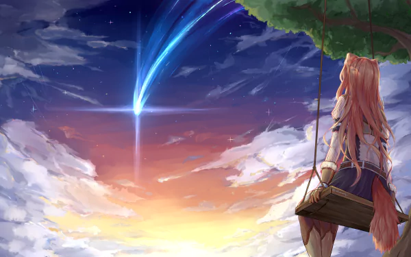 An anime character with brown hair, identified as Raphtalia from The Rising of the Shield Hero, gazes at a sunset sky with a comet streaking through the clouds. She sits on a swing under a tree.