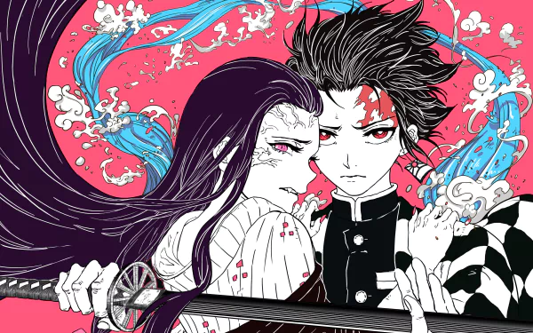 HD desktop wallpaper featuring Tanjiro Kamado and Nezuko Kamado from the anime Demon Slayer: Kimetsu no Yaiba, showcasing vibrant artwork and intricate details against a dynamic background.