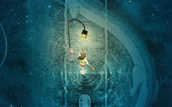 HD desktop wallpaper featuring an enchanting scene from the anime Spirited Away, depicting a young girl under a glowing streetlamp in a mystical, underwater-like world.