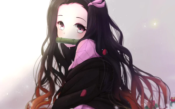HD desktop wallpaper featuring Nezuko Kamado from the anime Demon Slayer: Kimetsu no Yaiba. Nezuko, with her pink eyes and bamboo gag, is captured in a light, ethereal background.