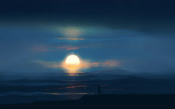 An HD Anime wallpaper depicting a solitary figure under a vibrant sunset sky with scattered clouds, casting a serene ambiance.