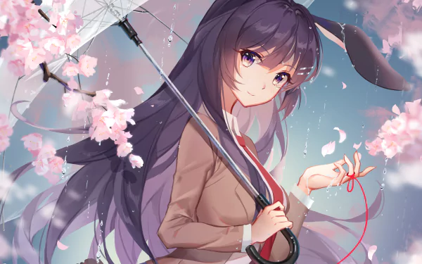 HD desktop wallpaper featuring Mai Sakurajima from Rascal Does Not Dream of Bunny Girl Senpai, holding an umbrella surrounded by cherry blossoms.