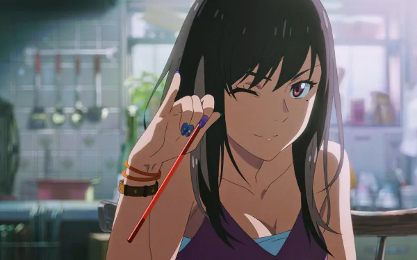 HD desktop wallpaper featuring Natsumi from the anime movie Weathering With You (Tenki no Ko), showing her winking and holding a red chopstick in a kitchen setting.