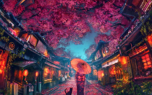 Anime-style HD wallpaper depicting a serene street lined with cherry blossom trees. A person in a kimono holds a parasol, walking alongside a black cat.