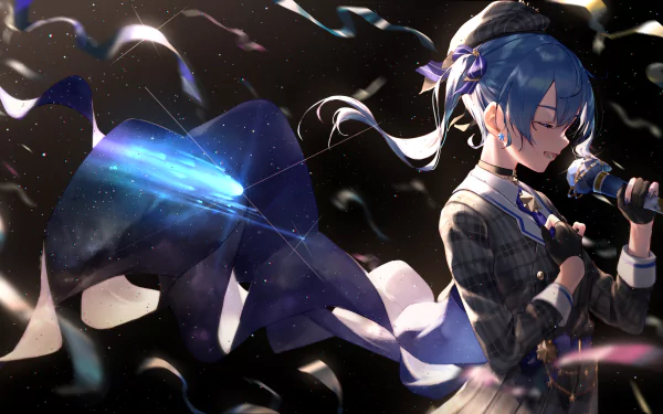 Hoshimachi Suisei from hololive sings passionately with blue hair flowing, captured in stunning 8K Ultra HD anime style for a vibrant PC desktop wallpaper.