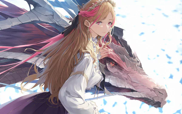 HD desktop wallpaper featuring an anime girl with blonde long hair and red eyes, wearing a dress, accompanied by a dragon.