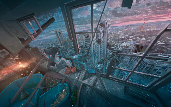 Anime character with black hair sits by a large window overlooking a futuristic cityscape at sunset. Vibrant HD desktop wallpaper and background.