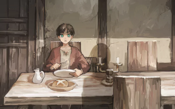 HD desktop wallpaper featuring Eren Yeager from the anime Attack on Titan, sitting at a rustic wooden table with a plate and a piece of bread in front of him.