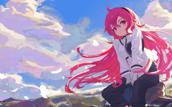 HD desktop wallpaper featuring Eris Boreas Greyrat from the anime Mushoku Tensei: Jobless Reincarnation, with her vibrant hair flowing against a picturesque sky background.