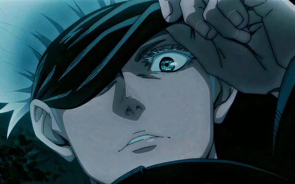 HD desktop wallpaper featuring Satoru Gojo from the anime Jujutsu Kaisen, showcasing him lifting his blindfold, revealing his eye with an intense expression.
