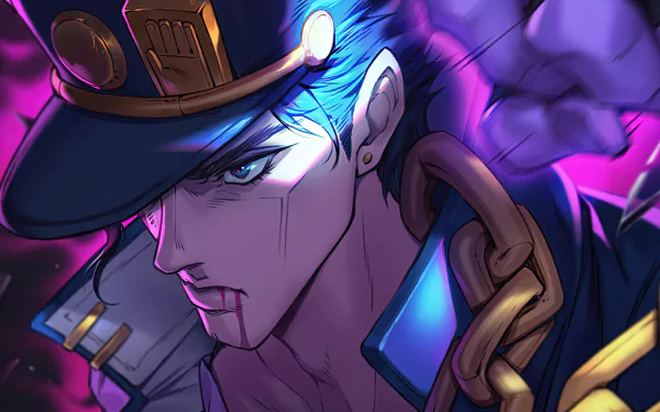 Jotaro Kujo from Jojo's Bizarre Adventure in a dynamic pose with intense lighting and vivid colors, featured in a 4K Ultra HD anime desktop wallpaper.