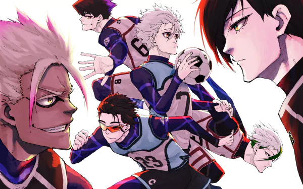 HD PC desktop wallpaper featuring dynamic anime characters from Blue Lock in intense poses against a white background.