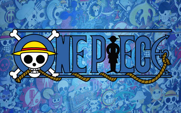 4K Ultra HD anime desktop wallpaper featuring the One Piece logo with a pirate skull wearing a straw hat, set against a detailed blue-toned background of various One Piece symbols.