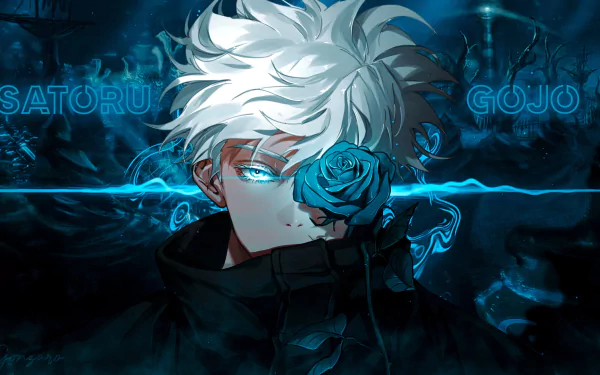 HD PC desktop wallpaper featuring Satoru Gojo from the anime Jujutsu Kaisen, with glowing blue eyes and a blue rose against a dark, mystical background.
