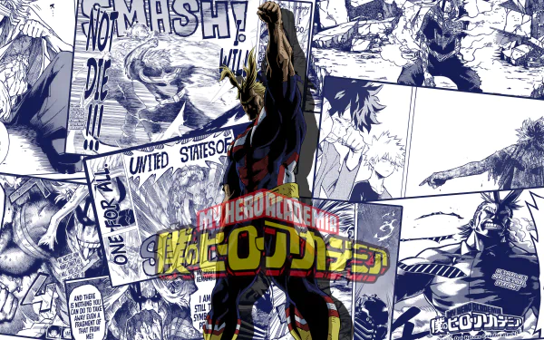 4K Ultra HD My Hero Academia wallpaper featuring All Might standing boldly against a dynamic manga-style background from the anime.