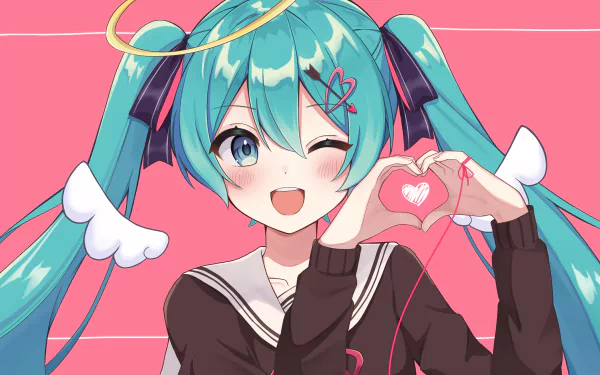 4K Ultra HD anime wallpaper featuring Hatsune Miku, the iconic Vocaloid character, winking and making a heart shape with her hands against a pink background.