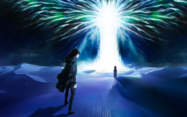 4K Ultra HD Attack on Titan anime wallpaper featuring Eren Yeager standing in a vast, dark landscape facing a radiant, otherworldly light with ethereal, colorful wings.