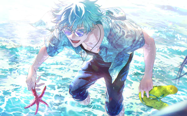 HD wallpaper of Satoru Gojo from the anime Jujutsu Kaisen, depicted enjoying the ocean with a starfish and snorkeling gear, against a vibrant and sunny seascape.