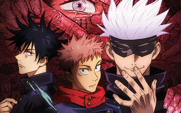 HD desktop wallpaper featuring characters from the anime Jujutsu Kaisen, with a detailed background and vibrant colors.