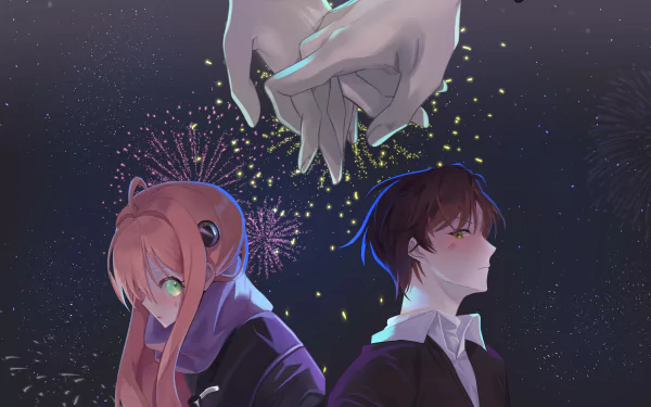 HD desktop wallpaper featuring Damian Desmond and Anya Forger from the anime Spy x Family. Their backs are turned against each other with fireworks and intertwined hands above.