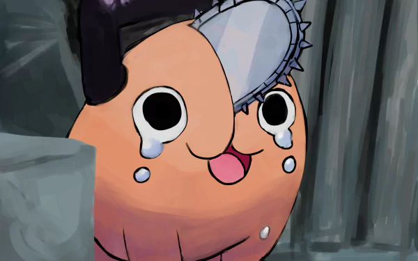 HD desktop wallpaper featuring Pochita from the anime Chainsaw Man. Pochita is depicted with expressive eyes and a chainsaw on his head, standing against a dark background.