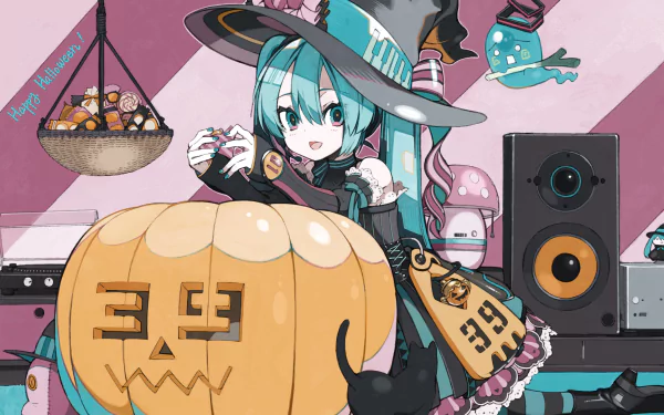 HD anime desktop wallpaper featuring Hatsune Miku in a witch costume with Halloween-themed decorations and a large carved pumpkin, styled in vibrant Vocaloid art.