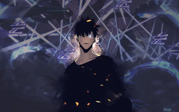A striking HD wallpaper from the anime Solo Leveling, featuring a mysterious character amidst dynamic, abstract graphics and dark colors, exuding a powerful presence.